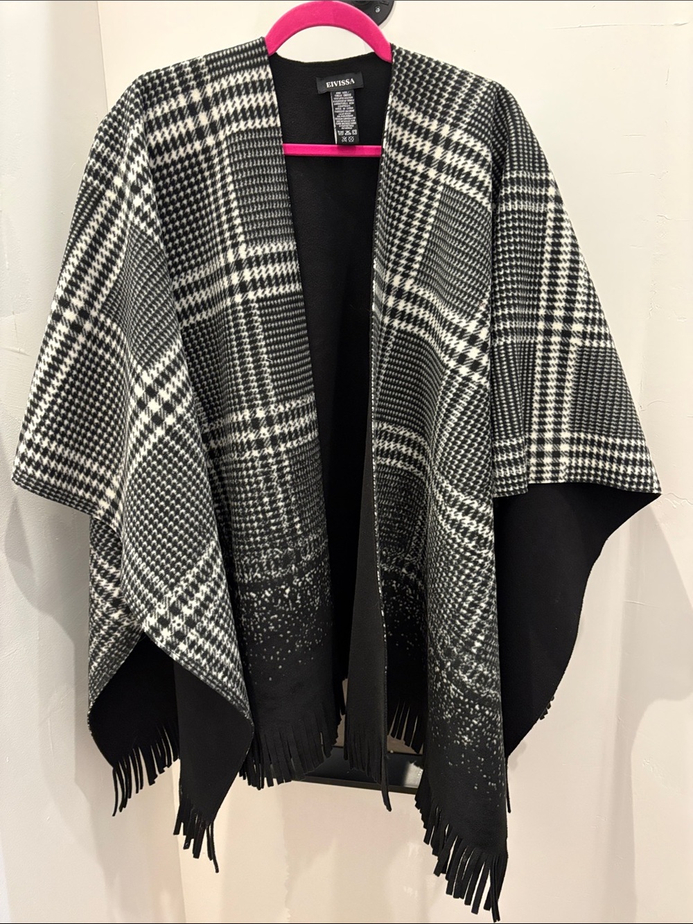 Black & White Plaid Fringe Wrap Coat